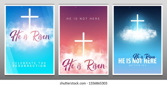 He is risen. Christian easter scene. Saviour's cross on dramatic sunrise scene