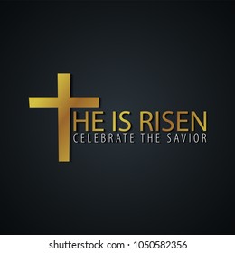 He is Risen. Church easter logo, emblem, labels or stickers with cross. Vector graphics