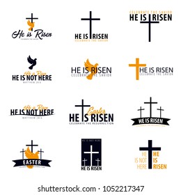 He is Risen. Church easter logo, emblem, labels or stickers with cross. Vector graphics.