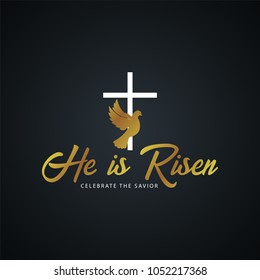 He is Risen. Church easter logo, emblem, labels or stickers with cross. Vector graphics.