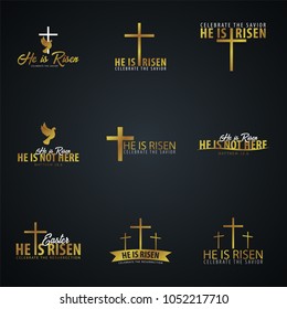 He is Risen. Church easter logo, emblem, labels or stickers with cross. Vector graphics.