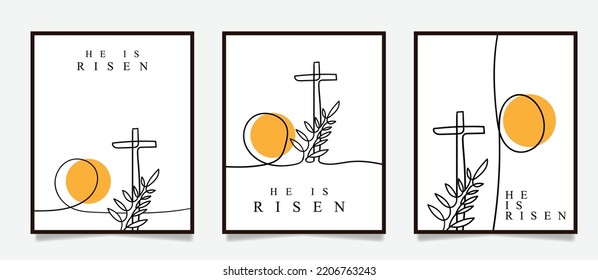 He Is Risen Concept With Minimal Vector Line Art. Easter Poster Set.