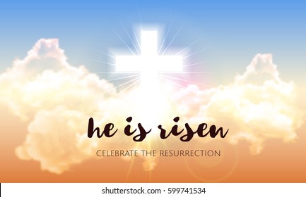 He is risen. Easter banner background with clouds, divine sunlight , crucifixion, cross and sun rise. Vector illustration 