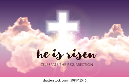 He is risen. Easter banner background with clouds, divine sunlight , crucifixion, cross and sun rise. Vector illustration 