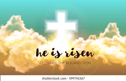 He is risen. Easter banner background with clouds, divine sunlight , crucifixion, cross and sun rise. Vector illustration 