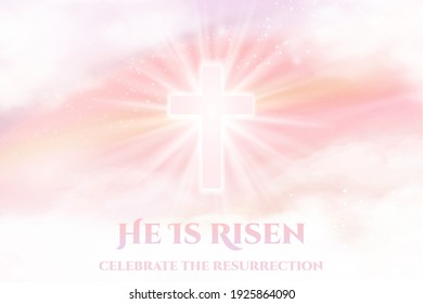 He Is Risen - Easter banner. Christian religious background with dawn heaven and white clouds and shining Cross. Vector illustration design template for greeting card, banner or flyer