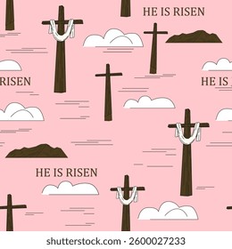 He is risen Easter seamless pattern, cross sky, cloud