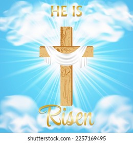 He is Risen. Easter. Shining Christian cross and shroud on a blue sky background. Religious design. Postcard with Palm Sunday, Easter, Resurrection of Christ.Vector illustration.