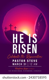 He is risen, Easter Sunday church flyer design with Calvary, three crosses and open tomb. This template is perfect for an church event, festival or holiday. Vector illustration