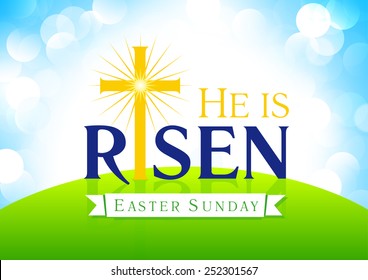 He is risen. Easter sunday, holy week, vector card. Happy holiday greetings of Jesus rising up. Template for invitation, flyer design. Cross on hill in sun light. Religious symbol.