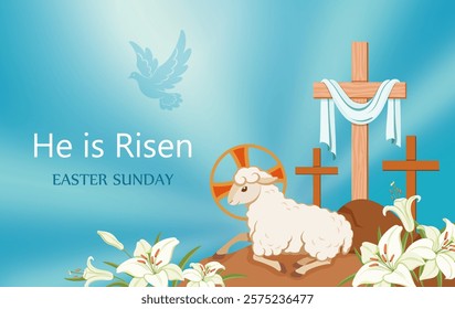 He is risen. Easter Sunday. Religious christian symbol lamb of god. Lamb is symbol of Christ's sacrifice. Celebrate the resurrection. Cross with shroud on background of lilies