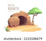 He is risen. Easter vector illustration. Cave. Empty tomb of Jesus. Scripture.