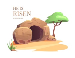 He Is Risen. Easter Vector Illustration. Cave. Empty Tomb Of Jesus. Scripture.