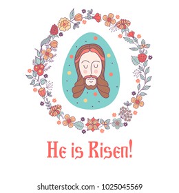 He is risen!  Easter vector illustration. Easter egg with the image of Jesus framed by a floral wreath.