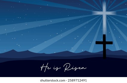 He is risen Easter vector illustration, with the cross on the Calvary hill at night.