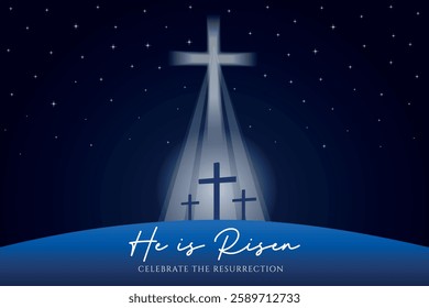 He is risen Easter vector illustration, with three crosses on the Calvary hill at night.