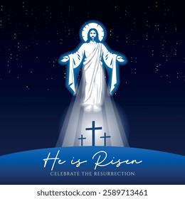 He is risen Easter vector illustration, with three crosses and Risen Jesus Christ on the Calvary hill at night.