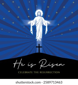 He is risen Easter vector illustration, with the cross and Risen Jesus Christ on the Calvary hill at night.