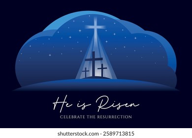 He is risen Easter vector illustration, with three crosses on the Calvary hill at night.