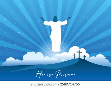 He is risen Easter vector illustration, with three crosses on the Calvary and Risen Jesus Christ in the sky.