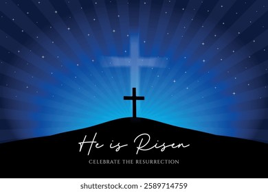 He is risen Easter vector illustration, with the cross on the Calvary hill at night.