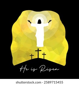 He is risen Easter vector illustration, with three crosses on the Calvary and Risen Jesus Christ in the sky.