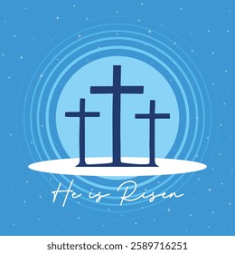 He is risen Easter vector illustration, with three crosses on the Calvary hill at night.