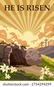 He Is Risen Empty Tomb with Sunrise and Crosses Easter Christian