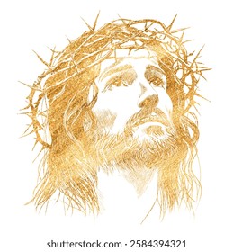 He is risen. Freehand golden portrait Jesus Christ isolated on white background. Texture of writing materials. Handwritten pencil strokes. Hand drawn gold line art. Christianity symbol. Vector