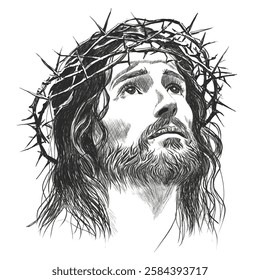 He is risen. Freehand portrait Jesus Christ isolated on white background. Texture of writing materials. Handwritten pencil strokes. Hand drawn christian biblical line art. Christianity symbol. Vector