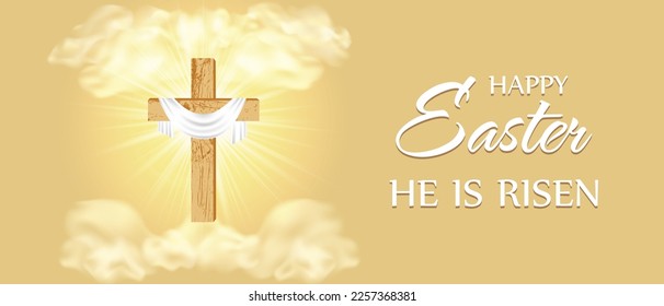 He is Risen. Happy Easter. Christian cross against the background of golden clouds and sunbeams from the rising sun. Easter rectangular background template. Vector illustration.