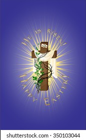 He is risen! Happy Easter empty cross with thorns and roses and light rays vector illustration background