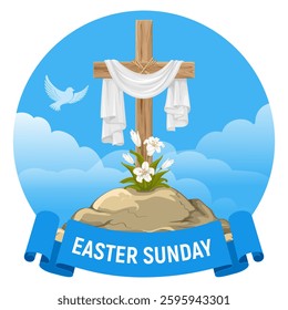 He is risen, Happy Easter greeting. Wooden cross with shroud and white lily flowers against blue sky with dove. Religious symbols of Good Friday, Palm Sunday and Easter Sunday. Vector illustration