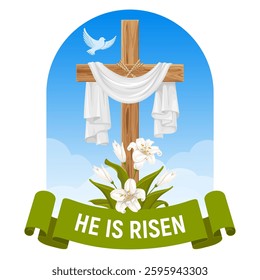 He is risen, Happy Easter greeting. Wooden cross with shroud and white lily flowers against blue sky with dove. Religious symbols of Good Friday, Palm Sunday and Easter Sunday. Vector illustration