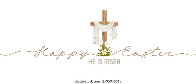 He is risen, Happy Easter greeting card. Cross with shroud and white lily flowers. Religious symbols of Good Friday, Palm Sunday, Easter Sunday. Calligraphy by continuous line. Vector illustration