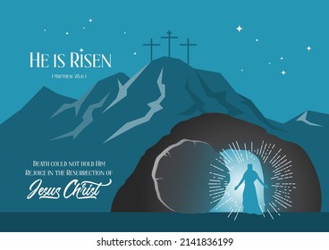 He Is Risen! Jesus Appeared In Tomb With A Mountain At Back In Teal Background