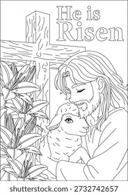 Él ha resucitado Jesucristo con la línea de la oveja del bebé para colorear el Vector blanco y negro