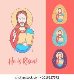 He is risen!  Jesus Christ. Festive vector illustration. Set of Easter eggs with Jesus.