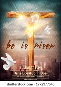 He is risen. Jesus Christ, the Son of God, crucified on a wooden cross on a cloud background, symbol of Christianity. For design, graphics, web projects, magazine, book. Easy to edit.