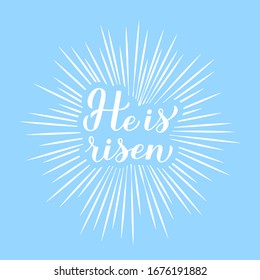 He is risen modern calligraphy hand lettering with rays on blue background. Christen Quote typography poster. Easy to edit vector template for Easter greeting card, banner, sticker, etc.