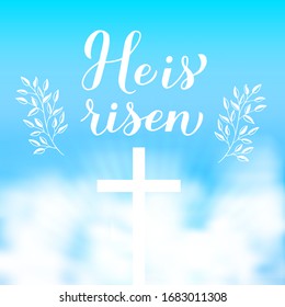 He is risen modern calligraphy hand lettering against the sky. Christian Quote typography poster. Easy to edit vector template for Easter greeting card, banner, flyer, etc.
