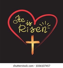 He is risen - motivational quote lettering, religious poster. Print for poster, prayer book, church leaflet, t-shirt, bag, postcard, sticker. Greeting card for Easter. Simple cute vector 
