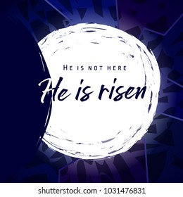 He is risen, He is not here. Invitation vector blue color template. Open lighting empty cave shining angel inside. Religious greetings. Jesus up from dead. Light in the end of tunnel. Isolated element