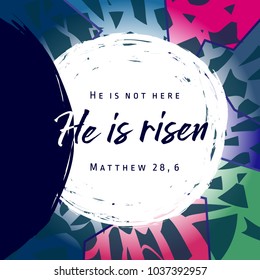 He is risen, He is not here. Invitation vector blue color template. Open lighting empty cave shining angel inside. Religious greetings. Jesus up from dead. Light in the end of tunnel. Isolated element