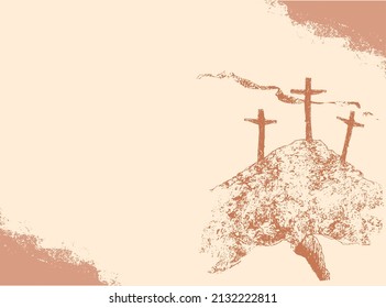 He is risen poster.  Easter biblical story. Calvary hill with three crosses silhouette. Jesus on the cross biblical vector illustrations. Crucifixion of Jesus Christ. Good friday banner template.