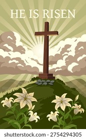 He Is Risen Poster Easter Cross with Lily Flowers and Sun Rays