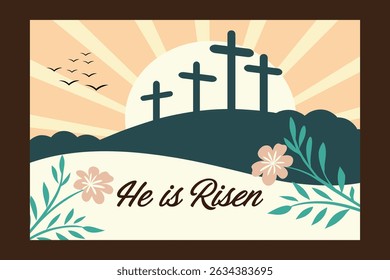 He Is Risen - Religious Easter Illustration with Crosses and Sunrise