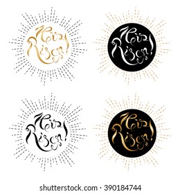 He is risen. Set of sunburst icons, labels. Hand drawn calligraphic Easter quote on  background. Resurrection gold and black words. Happy Easter banner or page. Vector illustration. 