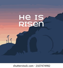 He is risen. Square image depicting the empty tomb, celebrating the resurrection of Jesus Christ, on Easter Sunday. Calvary in background as son rises. 