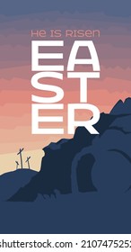 He is risen. Tall, story friendly image depicting the empty tomb, celebrating the resurrection of Jesus Christ, on Easter Sunday. Calvary in background as son rises. 